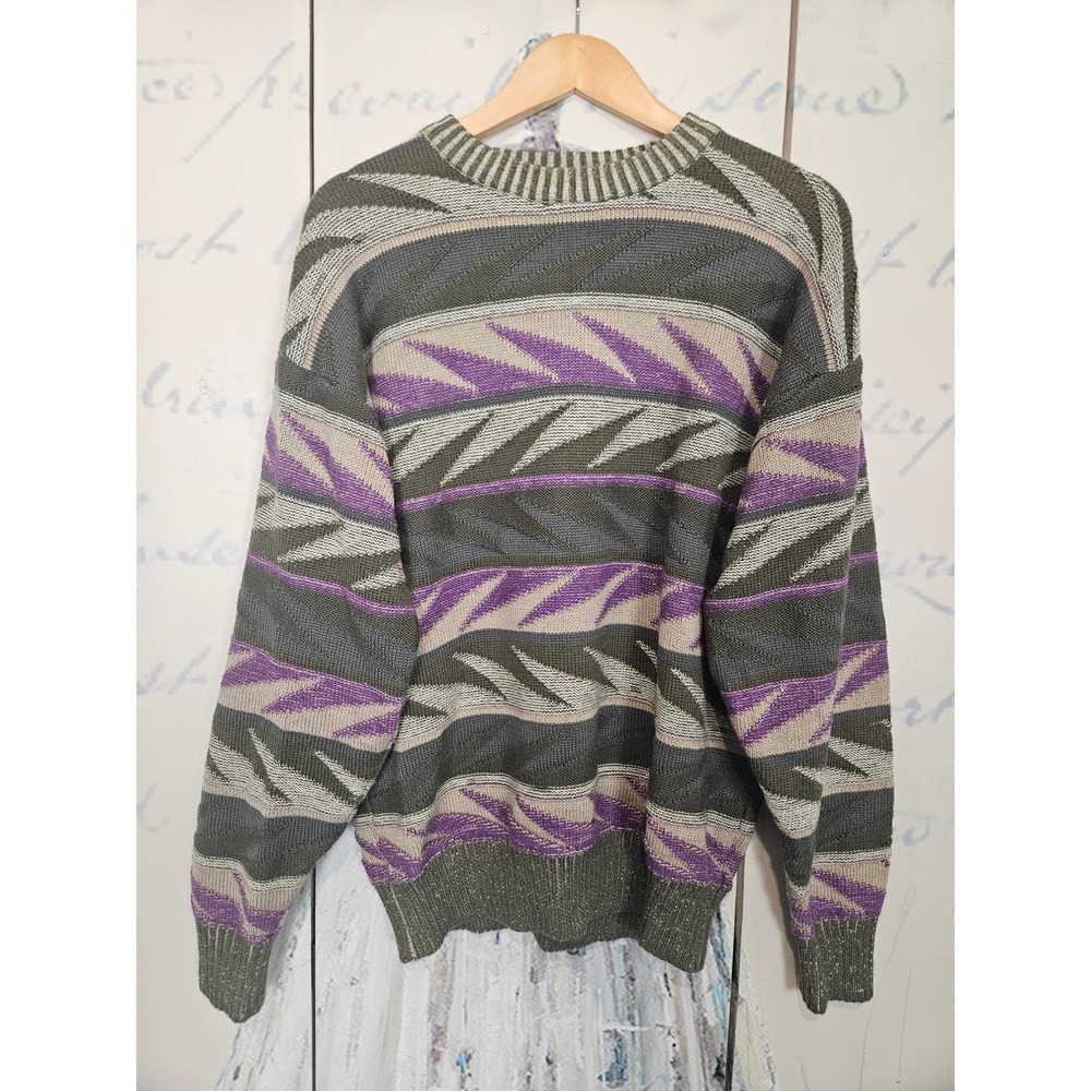 Summit County Sweater Medium Green Purple Vintage 90s Geometric Wool Blend Retro